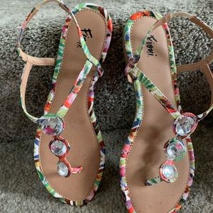 Fioni multicolored floral rhinestone sandals.